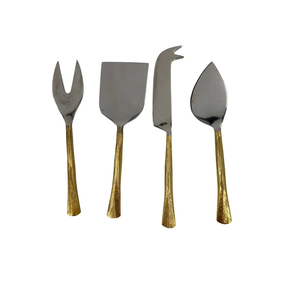 4 Piece Stainless Steel Cheese Knife Set Gold Textured Handles